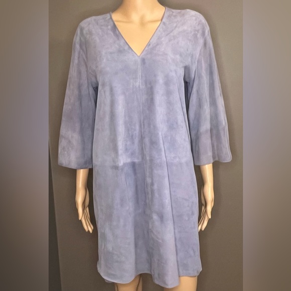 VINCE Lamb Leather/Suede V-Neck Shift Dress In Light Blue Size XS - Picture 4 of 12